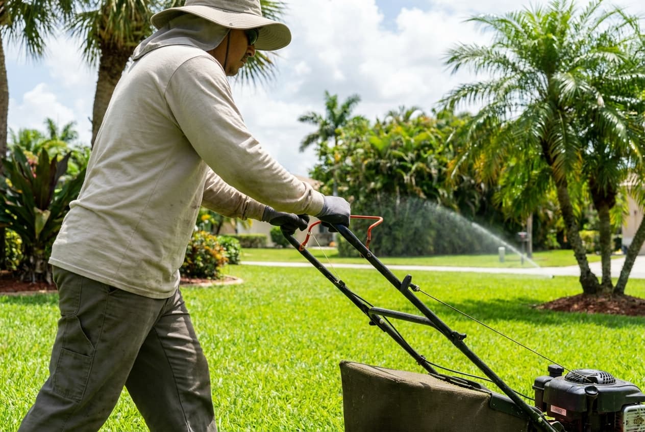 A person seen from the side, standing on a mowed lawn and looking down at the grass, with a lawn mower beside them.