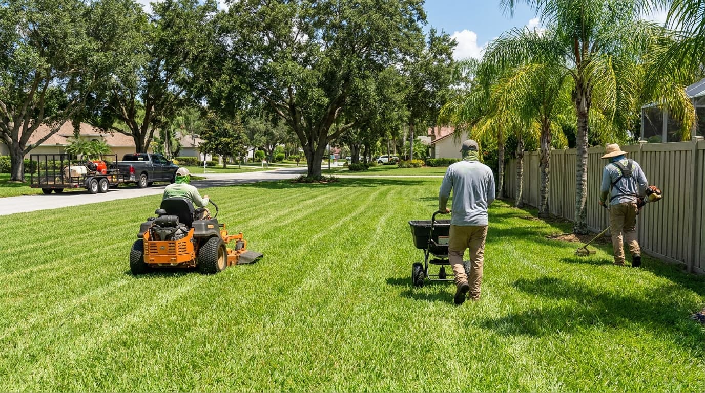 A mowed Florida front lawn in front of a pale house, with palms along the side and a lawn mower at the far edge of the grass.