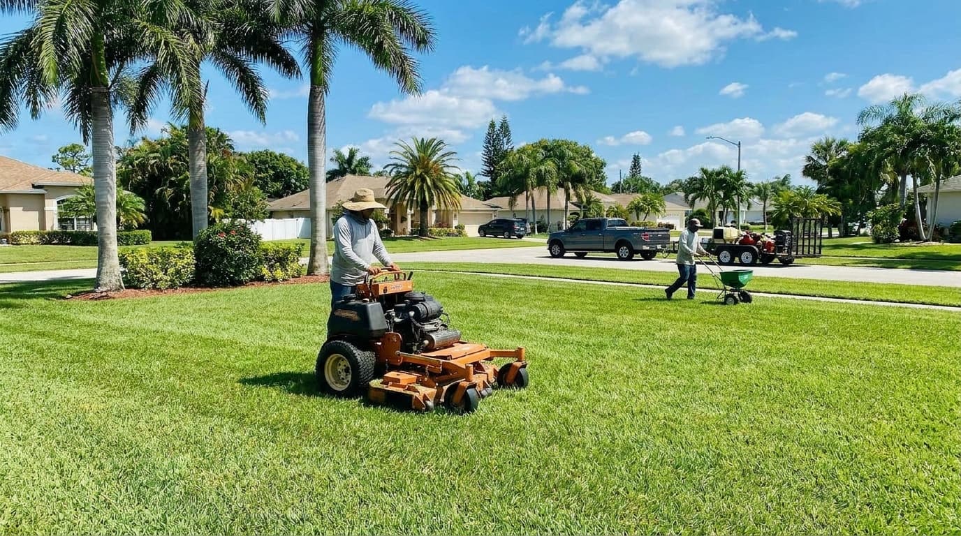 A wider view of that front lawn, the pale house set back behind the turf, with palms at the edge.